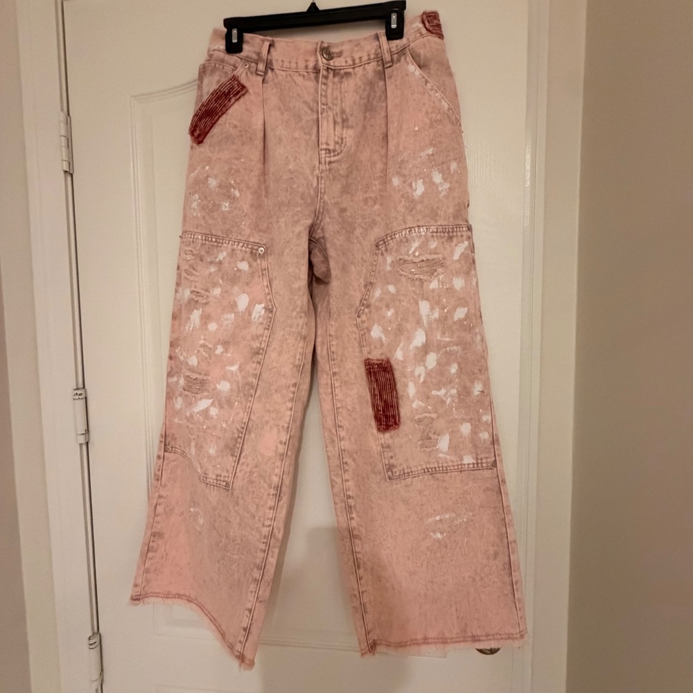 186. POL Oversize Size 10-12 Pink Acid Wash Jeans Distressed Paint Wide Leg M - Picture 3 of 11